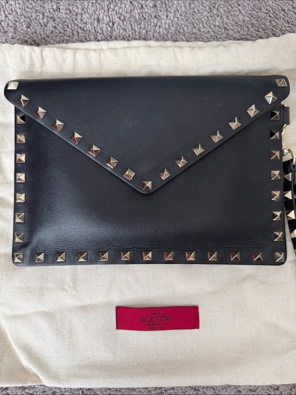 Valentino Black Rockstud Flat Leather Envelope Pouch